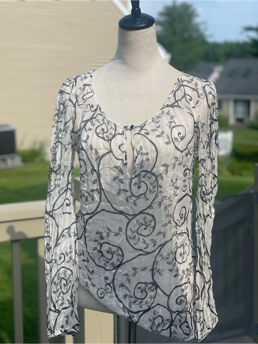 White House Black Market White Sheer Blouse with Black Scroll Print